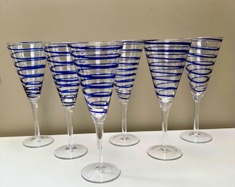 ヴィンテージ ブルー スパイラル スワール ワイングラス 6個セット 350ml
