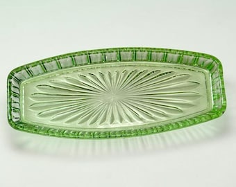 Vintage 1930s Green Art Deco Pressed Glass Sandwich Tray – Crown Crystal Serving Dish