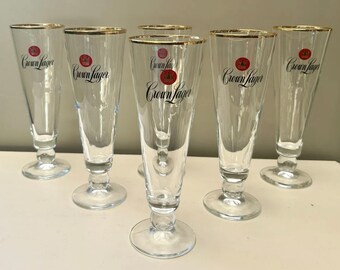 Vintage, Collectable, Crown Lager, Fluted, Gold Rim Beer Glasses, Unused, Set 6