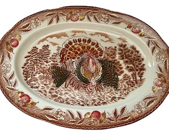 Vintage Serving Platter, Ceramic, Turkey Pattern, Oval Serving Dish, Christmas Dish, Christmas Platter, Dinnerware,  Serveware