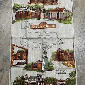 Vintage Pure Linen Tea Towel, New & Unused, Australia ‘Historical Victoria’ Kitchen Linen Decor, Retro Dish Cloth, Nostalgic Kitchenware