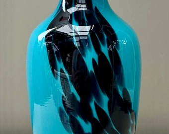 Vintage Turquoise & Black Art Glass Vase