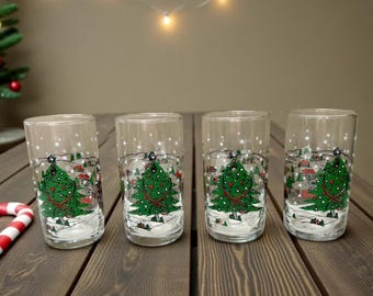 Vintage KIG Indonesia Christmas Holiday Tumbler Drinking Glasses Set of Four Collectable Barware
