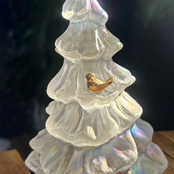 Vintage Fenton Opalescent, Glass Christmas Tree with Gold Snow Bird