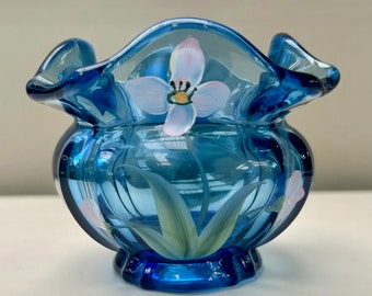 Vintage Fenton, Blue Glass Bowl, Hand-Painted Floral Design by M. Wagner