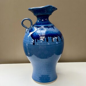 Unique Rare Large Vintage Handcrafted Pottery 2.8L Pitcher Jug Blue Drip Glaze