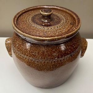 May include: A brown glazed stoneware crock with a matching lid and two side handles. The vessel features a textured, darker brown band around the upper shoulder and lid, decorated with a repeating embossed circular pattern along the rim.