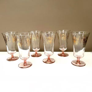 Vintage Crown Crystal Australia Pink Fluted Wine or Parfait Glasses 220ml – Gold Filigree Stemware Set Set of Six
