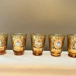 Vintage Italian Amber Shot Glasses Gold Gilt Hand Painted 3D Flowers Set of 5