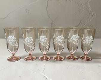 Vintage Crown Crystal Parfait Glasses, Etched Rose, Pink Stem (Set of Six)