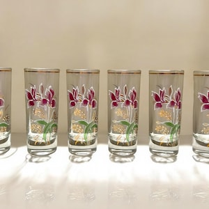 Vintage Italian Iris Shot Glasses Pink Purple Floral Drinkware Set of 6 Barware Collection