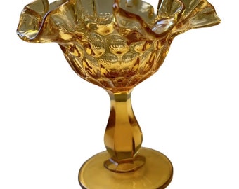 Vintage Fenton, Amber Glass, Double Crimped, Ruffle Compote