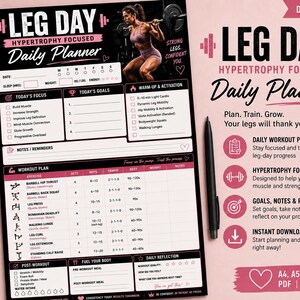 Leg Day Workout Planner Printable, Hypertrophy Log Sheet, Gym Tracker PDF Instant Download, Fitness Journal, Glute & Leg Day Log Book