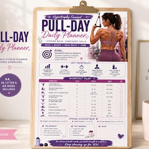 Pull Day Workout Planner Printable, Back Biceps Workout Log PDF, Hypertrophy Gym Planner, Daily Fitness Tracker Digital Download, Print