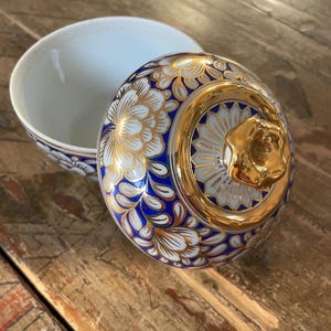 Vintage Hand-Painted Blue & Gold Ceramic Trinket Jar with Lid | Floral Jewellery Box | Made in Thailand