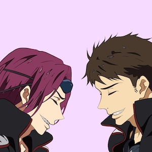 May include: Two anime characters with dark hair and black jackets are smiling at each other. The character on the left has pink hair and is wearing a black eye patch. The character on the right has brown hair and is wearing a black jacket with a white stripe.
