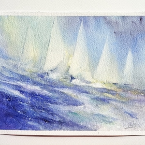 Original Watercolor, Sailboats, Sea, Blu. Acquerello originale di Barche a Vela. Romantico, Natura. Mare. NeleShopArt