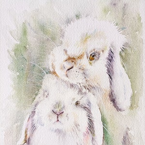 Acquerello originale coppia coniglietti. watercolor painting. Rabbit. Animali. Ritratto coniglio. dolce, cuccioli. NeleShopArt