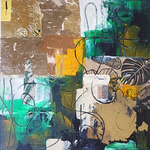 Origineel schilderij. Acryl op bladgoud. Abstract met dieren. Api. Medium mix. Wand- of tafeldecoratie. NeleShopArt