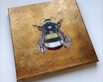 Peinture à l’huile sur feuille d’or. Toile. Bourdon, Abeilles Animaux Petite Nature Original de collection. décoration. nature. peinture. NeleShopArt