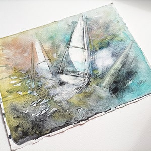 Coppia di acquerelli originali, barche a vela in mare. tempesta. Sport acquatici. Paesaggio mare. decorazione murale. NeleShopArt
