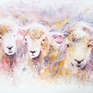 Dipinto originale acquerello su carta 100% cotone 640 g. Pecorelle. Famiglia. Ritratto Animali. Amicizia. Stile atmosferico. NeleShopArt