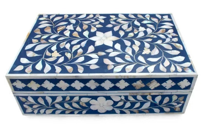 Handmade Bone Inlay Floral Design Jewelry Box Blue Color, Decorative