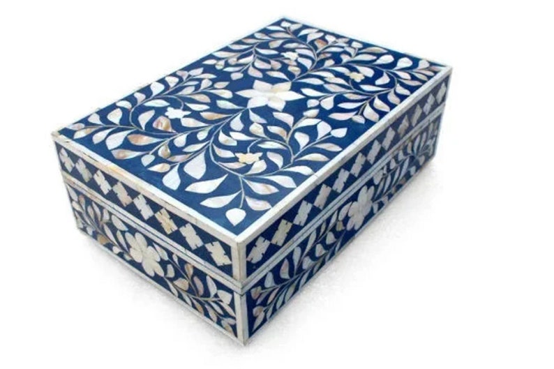 Handmade Bone Inlay Floral Design Jewelry Box Blue Color, Decorative