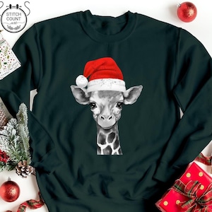 Giraffe Christmas Hat Sweatshirt, Christmas Animal Lover Matching Jumper, Christmas Party Vintage Sweater, Christmas Birthday Present Gift