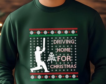 Cricket Driving Home For Christmas Sweatshirt, Funny Cricket Ugly Christmas Jumper, Xmas Cricket Printed Crewneck Jumper, Cricket Lover Gift