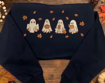 Spooky Fall Ghost Embroidered Sweatshirt, Vintage Halloween Pumpkin Spooky Season Sweater, Ghost Autumn Fall Jumper, Halloween Gifts for Her