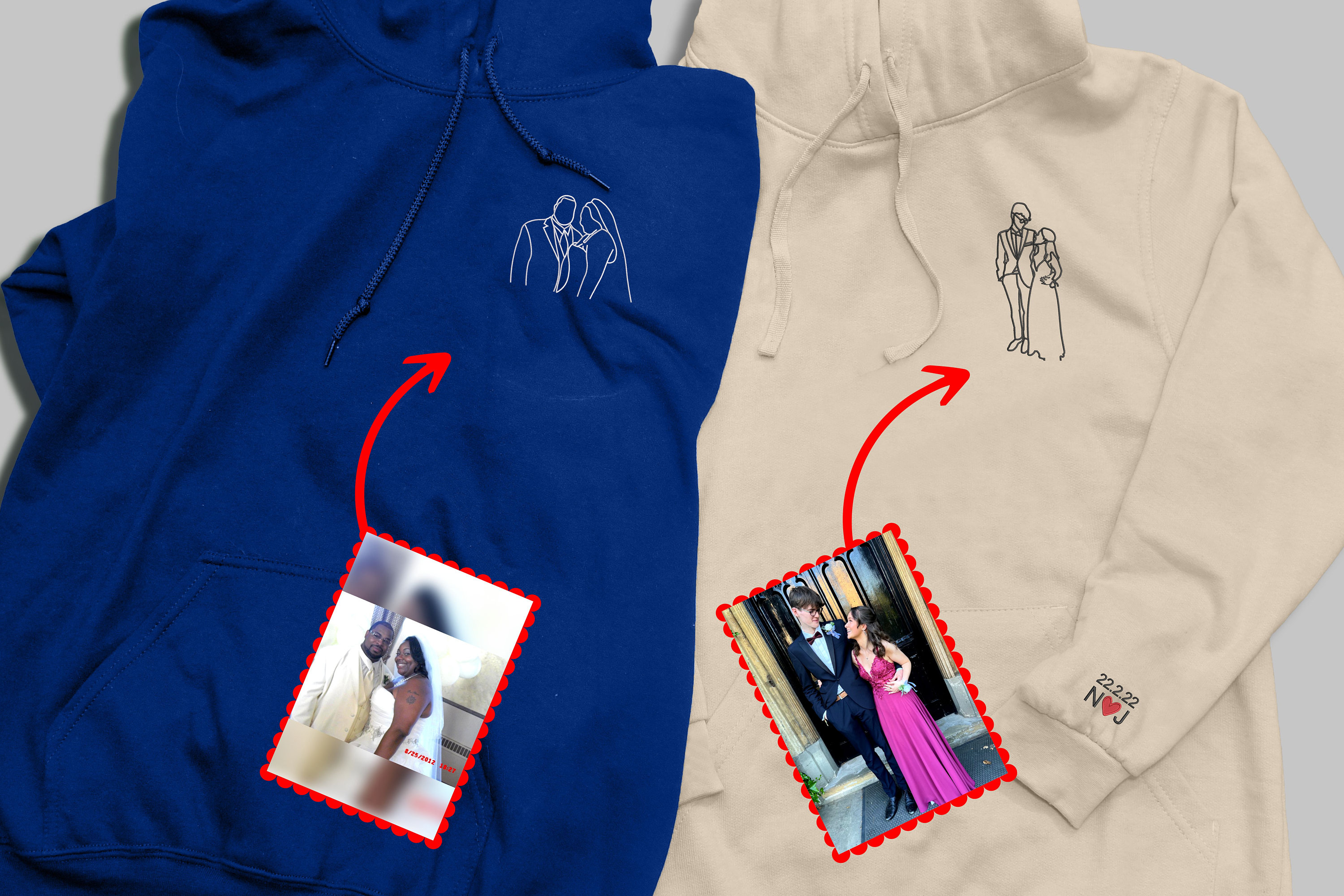 Bestickter Hoodie, Skizze Vom Foto Individuell Gestickte Kapuze, Benutzerdefiniertes Porträt Vom Foto Top, Spezielles Datum Hochzeitstag Geschenk Pullover