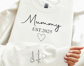 Personalised Mummy Sweatshirt, Custom Mummy EST Jumper with Kids’ Names on Sleeve, New Mum Sweater, Mother’s Day Gift for Mums