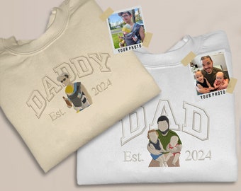 Custom Daddy Photo Sweatshirts, Embroidered Sketch from Portrait Sweater, Custom Dad Est Year with Name Jumper, Memorial Father's Day Gifts