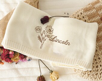 Personalized Birth Month Flower Baby Blanket, Embroidered Baby Name Knitted Blankets, Baby Shower Gift, Newborn GIft, Keepsake Gift for Baby