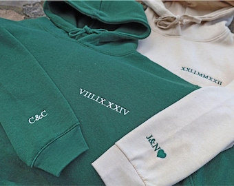 Embroidered Roman Numeral Matching Hoodie, Custom Anniversary Date Couple Hoodies, Custom Initials With Heart On Sleeve Jumper For Boyfriend