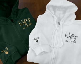 Custom Wifey Embroidered Zip Up Hoodie, Personalised Est Wedding Date Full Zip Hoody, Anniversary Matching Initial Wife Jumper, Couple Gifts