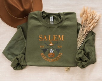 Pull d'Halloween brodé vintage, pull ras du cou Salem Massachusetts 1626, pull sorcière citrouille d'Halloween, tenue familiale assortie