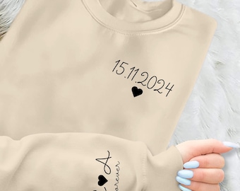 Sudadera personalizada con fecha e iniciales en la manga, jersey a juego para pareja, regalo de aniversario, jersey de cuello redondo a juego para San Valentín, regalo de boda