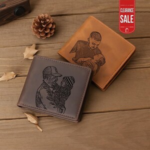 Cartera de cuero personalizada con retrato para papá, regalo para el Día del Padre, regalo para anunciar un nuevo bebé, cartera para papá, cartera grabada a mano