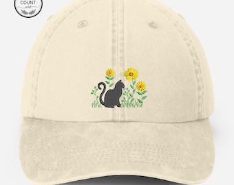 Cat & Flower Embroidered Hat, Floral Vintage Hat, Kitten Baseball Cap, Black Cat Summer Hat, Womens Flower Hat, Cat Lover Gift, Gift for Her