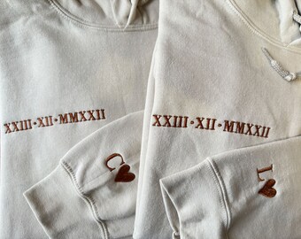 Roman Numeral Embroidered Hoodie, Couple Matching Hoodie, Custom Date Embroidered Couple Hoody , Personalised Initial Wife Pullover Jumper