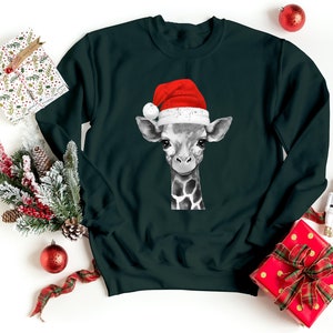 Giraffe Christmas Hat Sweatshirt, Christmas Animal Lover Matching Jumper, Christmas Party Vintage Sweater, Christmas Birthday Present Gift