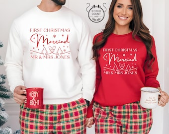 Custom First Christmas Married Couples Sweatshirt, Personalised Newlywed Christmas Sweatshirt, Mr & Mrs Couple Matching Jumpers, Xmas Gifts