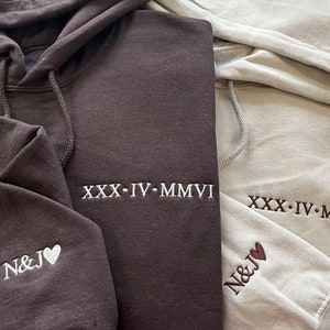 Embroidered Hoodies, Custom Roman Numeral Couple Anniversary Hoody, Personalised Special Date Matching Initial with Heart Jumper, GF BF Gift