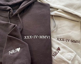 Personalised Embroidered Hoodies, Roman Numeral Couple Anniversary Custom Hoody, Special Date Matching Initial with Heart Jumper, GF BF Gift