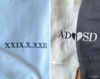 Personalised Embroidered Initial Matching Hoodies, Custom Roman Numeral Date Anniversary Wife Jumper, GF BF Hoody for Couples, Partner Gift
