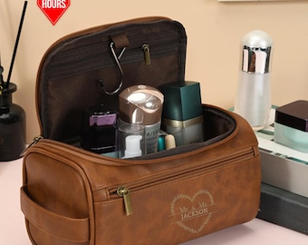 Engraved Leather Toiletry Bag, Personalised Travel Dopp Kit, Groomsman Toiletry Bag, Custom Leather Accessory Bag, Best Gifts for Grandad