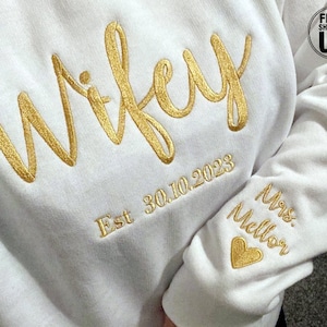 Moletom bordado com gola redonda Wifey, suéter personalizado para noiva, suéter para noiva e noivo, presente para festa de despedida de solteira, top para noiva