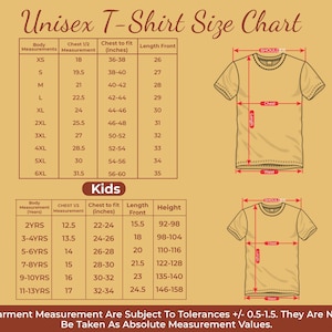 以下が含まれることがあります： ユニセックスTシャツのサイズチャート。大人と子供向けのインチ単位の測定値。胸囲、胸囲、着丈の測定値が記載されており、さまざまなサイズのTシャツの図も含まれています。